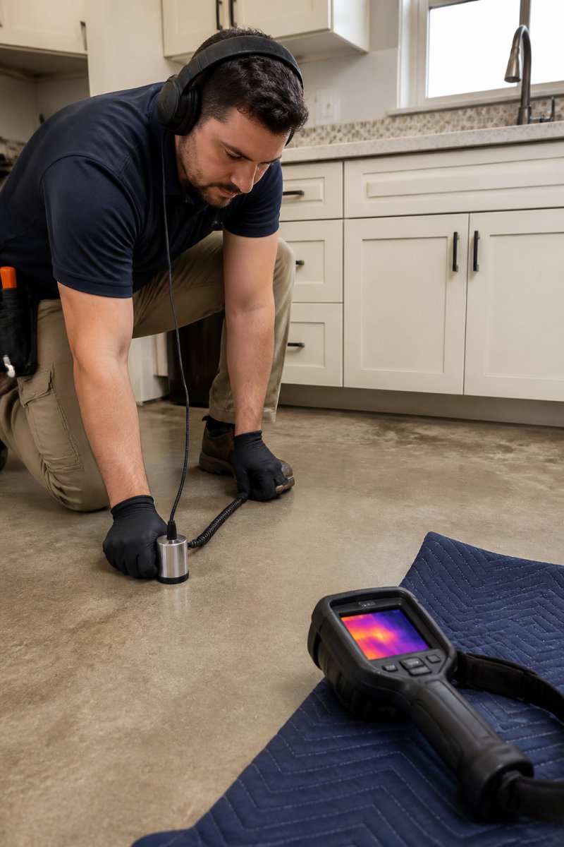 Technician using acoustic listening tools to detect slab leaks without destruction in a residential home