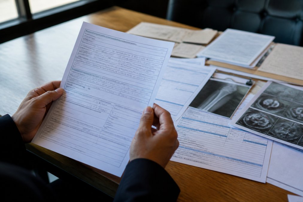 Close-up of hands holding a police accident report and medical documentation papers spread across a desk with natural office lighting