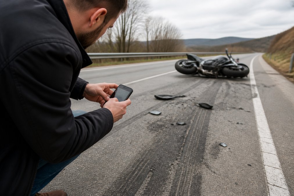 Person photographing skid marks and debris at a Tennessee motorcycle accident scene to preserve evidence