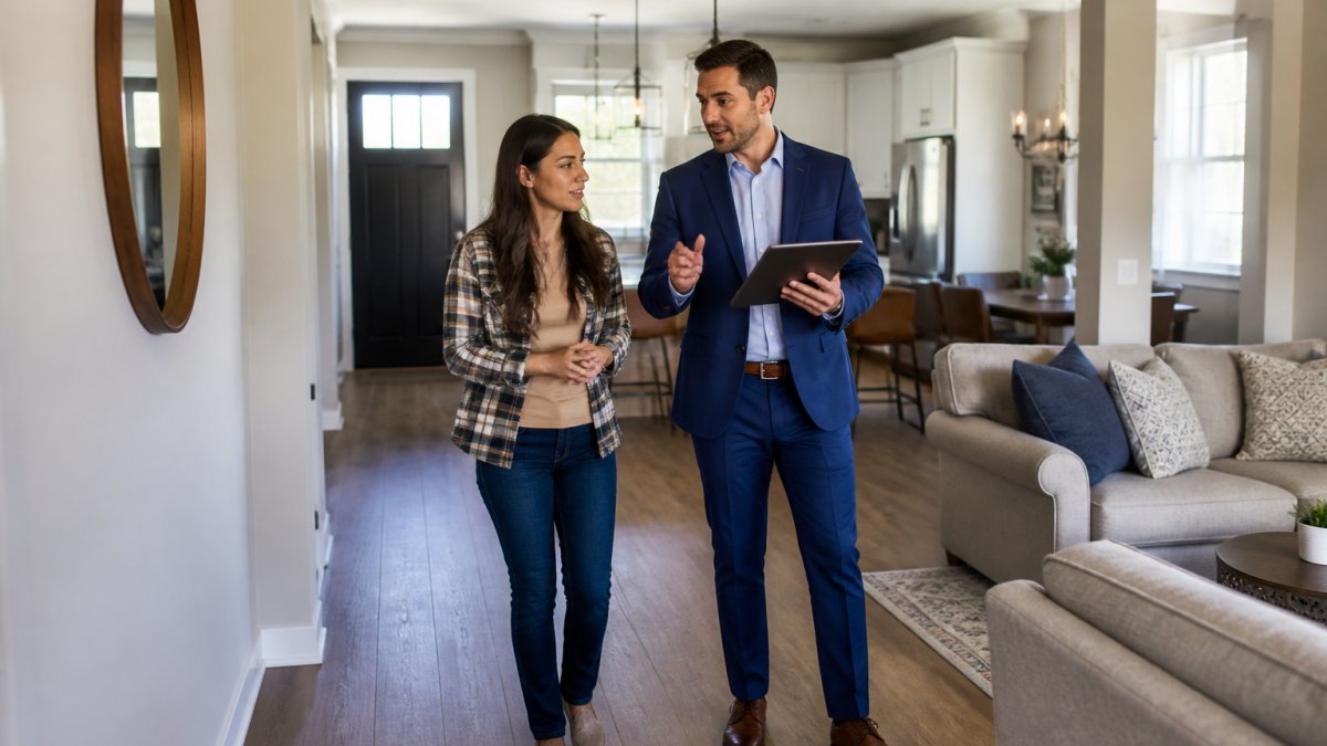 Real estate agent and homeowner taking notes on a tablet to determine home market value during an interior walk-through.