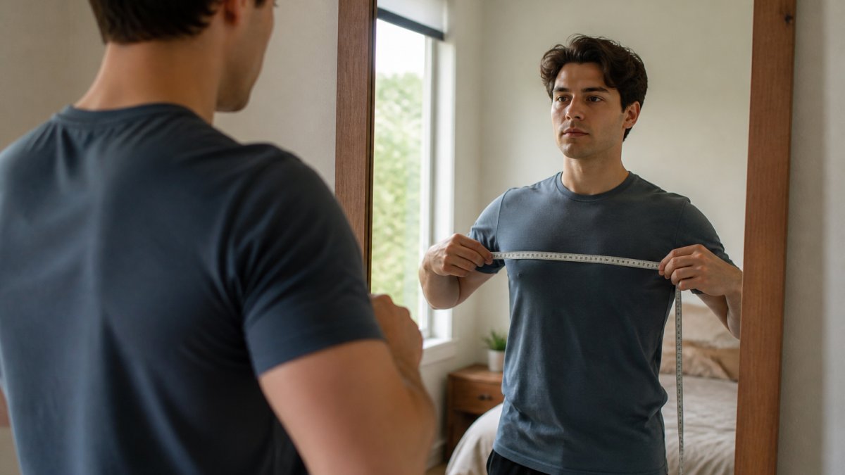 A young adult standing in front of a mirror, holding a soft measuring tape around their chest, wearing a fitted t-shirt, in a bright bedroom with natural light