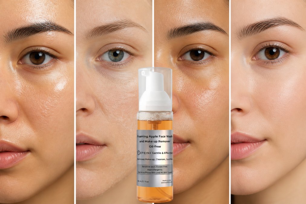 Close-up of four different faces showing distinct skin texture differences, glossy T-zone with visible pores on one face, flaky patches and dull complexion on another, combination of shine and dry areas on a third, and clear even-toned skin on the fourth