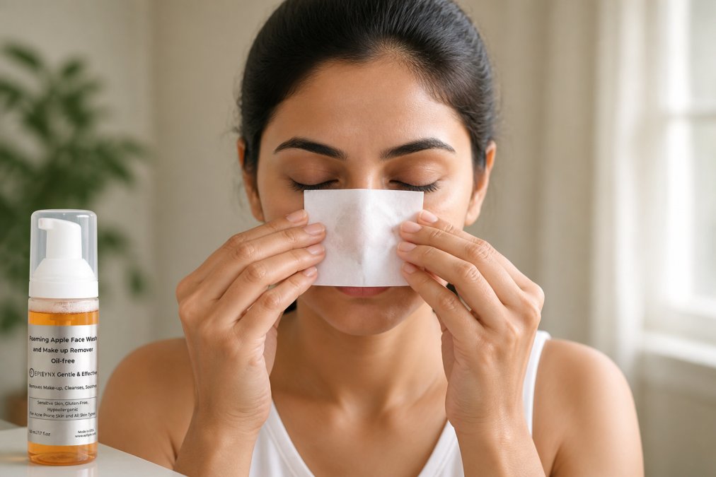 Hands holding a blotting sheet pressed gently against the T-zone of a face, with visible oil transfer showing as darker patches on the previously white sheet under natural lighting