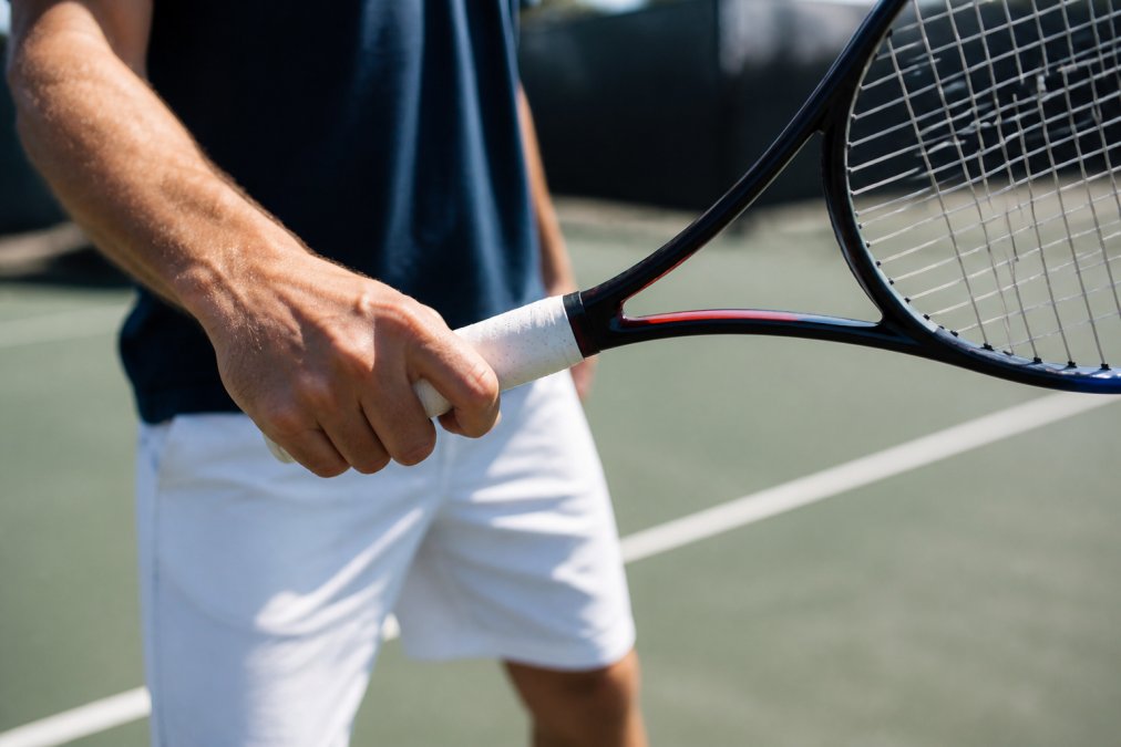 Close-up of tennis player's hand demonstrating continental grip positioning on racket handle with fingers clearly visible and racket face angle shown during backhand stance