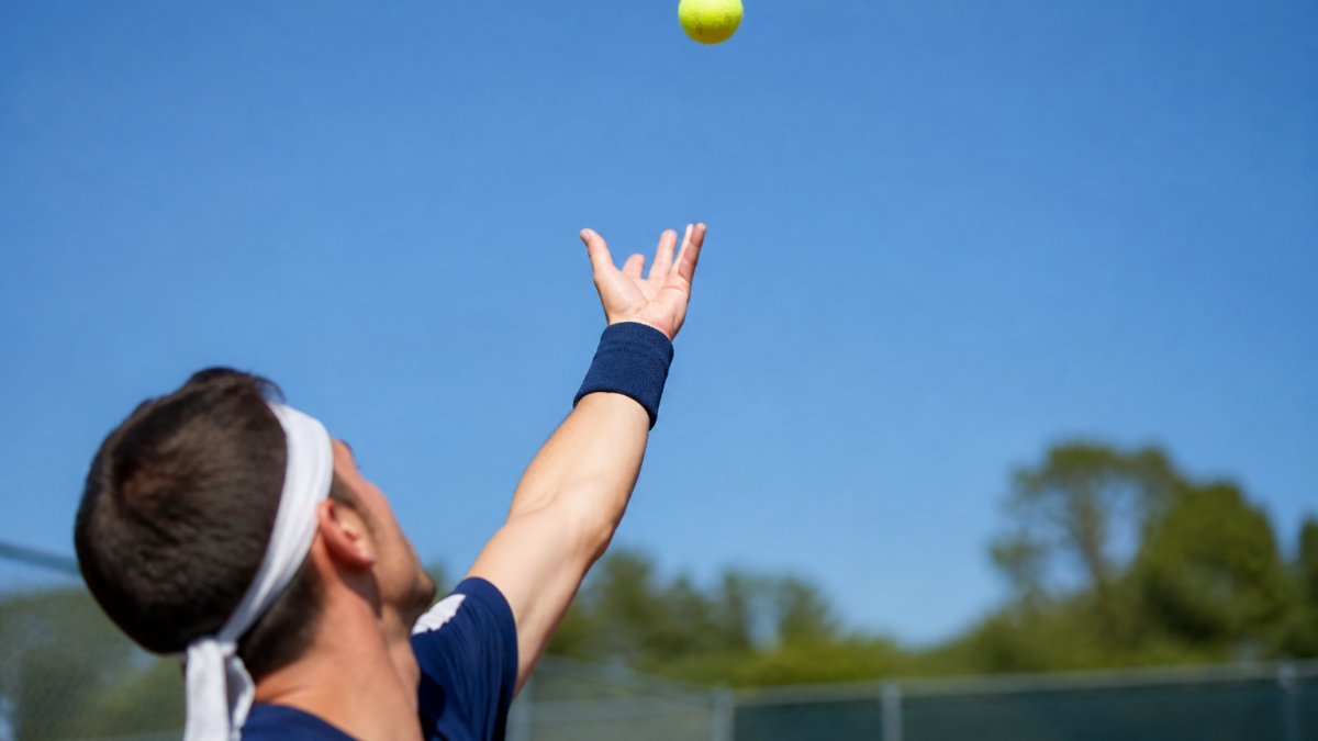 Close-up of tennis player's hand releasing ball at fingertips during serve toss, with arm extended upward and ball at peak height in bright outdoor court lighting