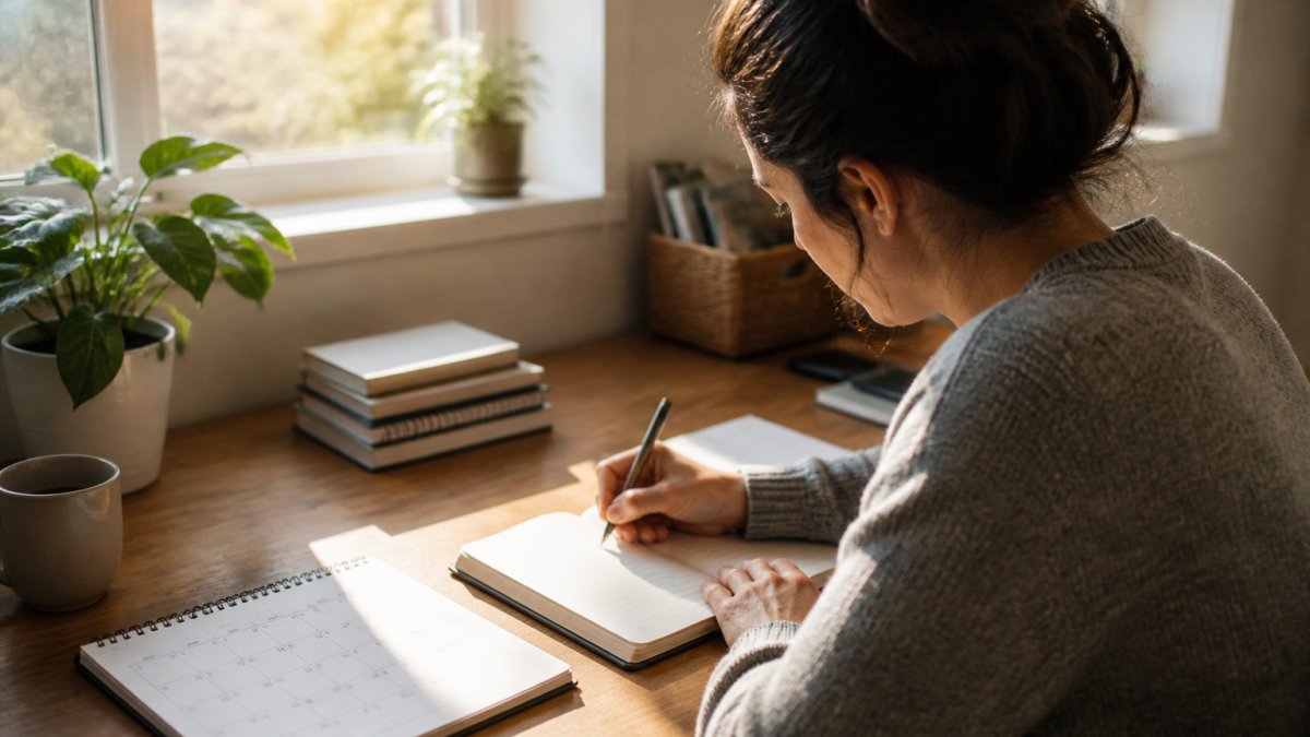 Person writing in a notebook at a wooden desk with a calendar visible, natural morning light streaming through a window, showing focused reflection and intentional practice