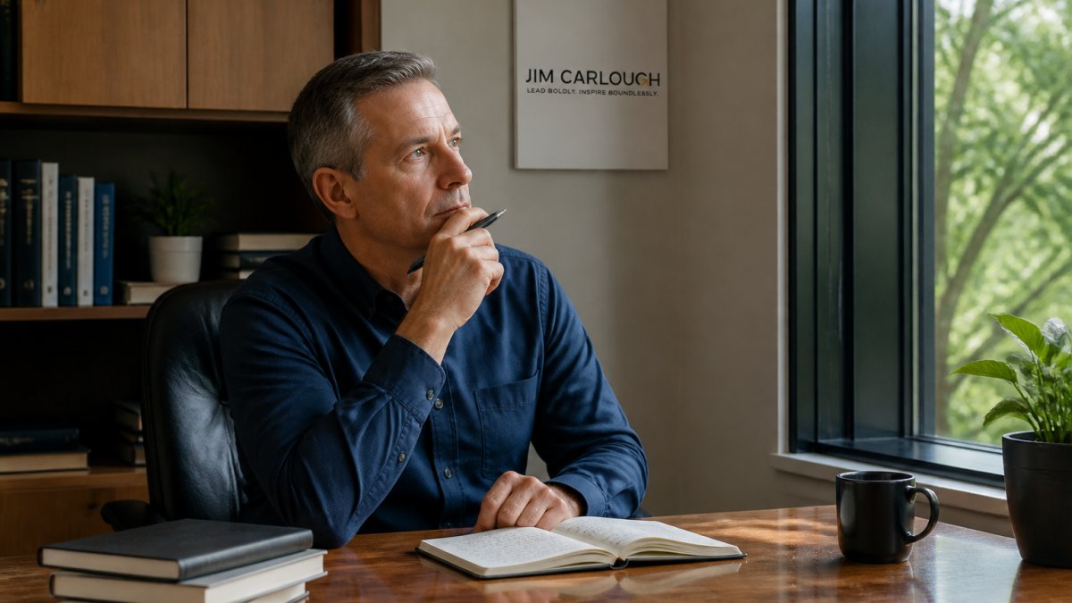 A leader sitting alone at a desk with a journal and pen, reflecting thoughtfully in a quiet office with soft natural light coming through a window