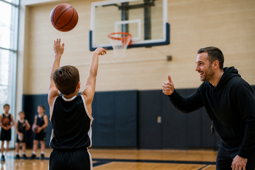 Young basketball player shooting in a gym as a coach provides encouragement to help develop basketball passion.