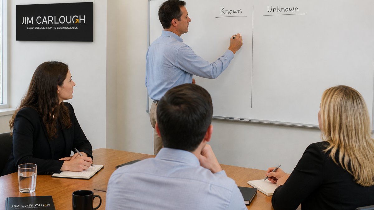 A leader standing at a whiteboard in a bright office, marker in hand, writing two columns labeled "Known" and "Unknown" while three team members watch from a table