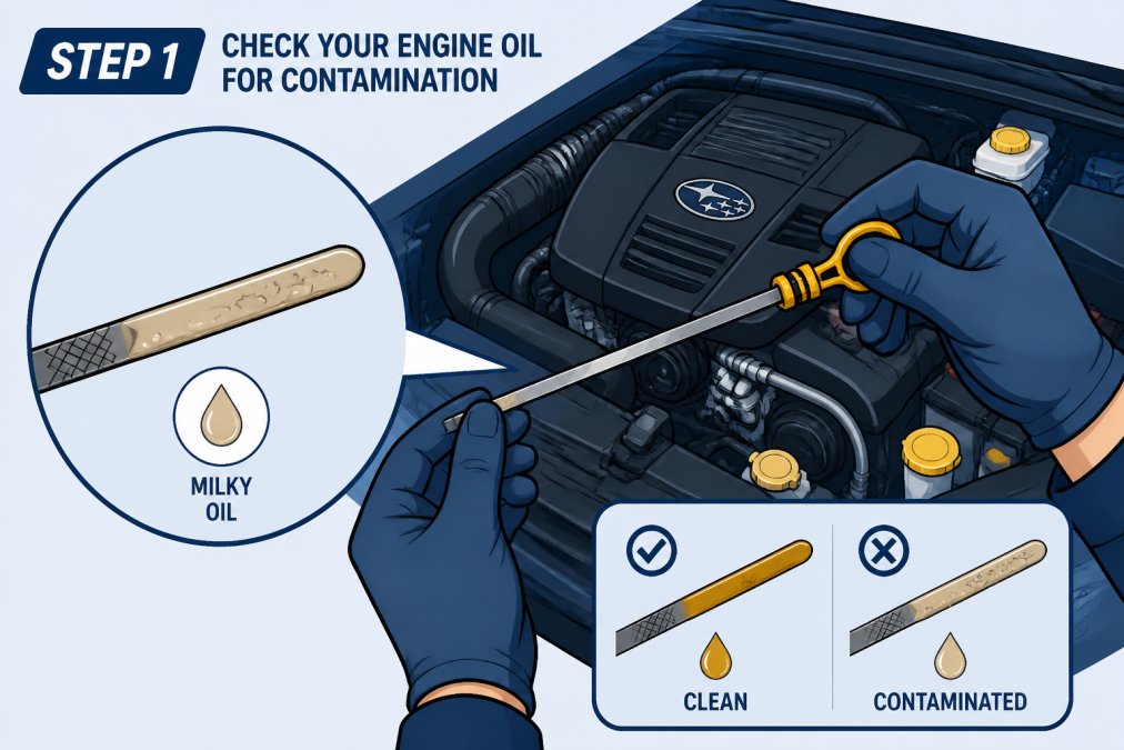 Technician's hands holding an engine oil dipstick showing milky, light brown discolored oil against a clean Subaru engine bay background