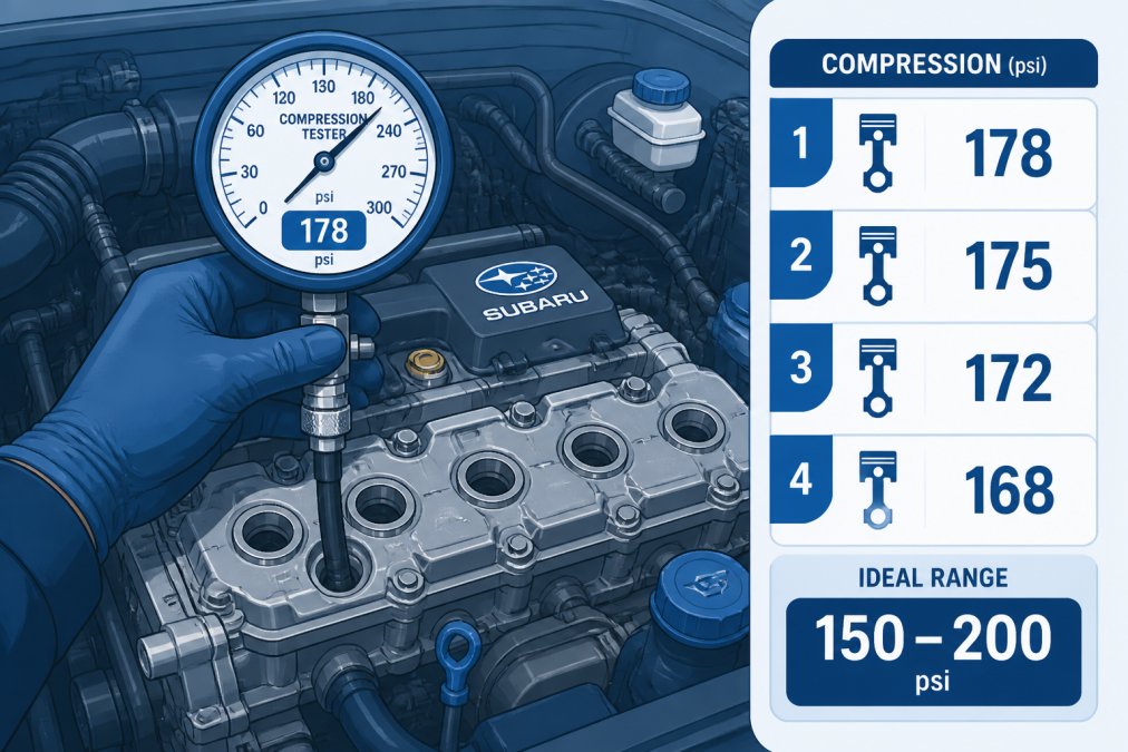 Mechanic using a compression tester gauge inserted into a Subaru cylinder head with the gauge clearly visible showing pressure reading, engine bay in sharp focus