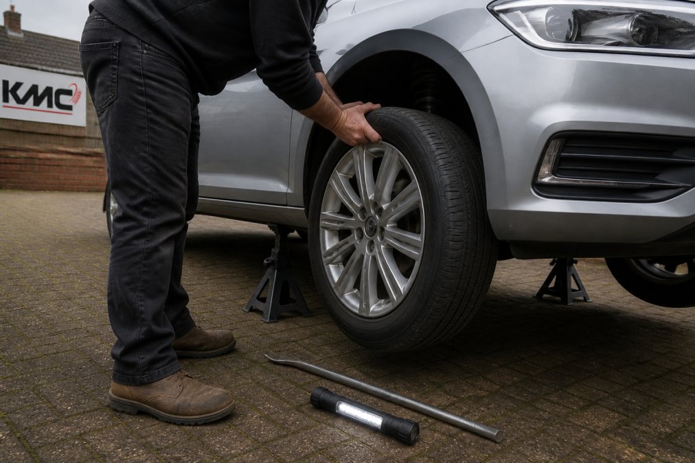 A car owner's hands gripping the top of a front wheel while the car is safely raised on axle stands in a driveway, torch resting on the ground and a pry bar nearby, overcast British afternoon light