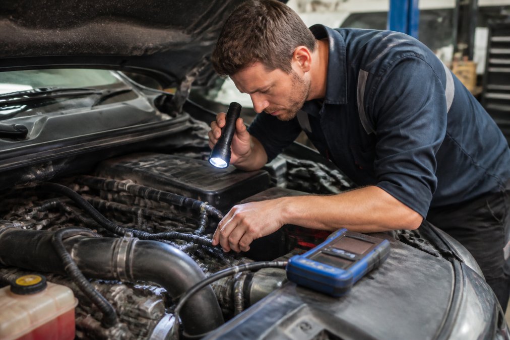 Mechanic using a torch and scan tool to diagnose engine issues in a workshop