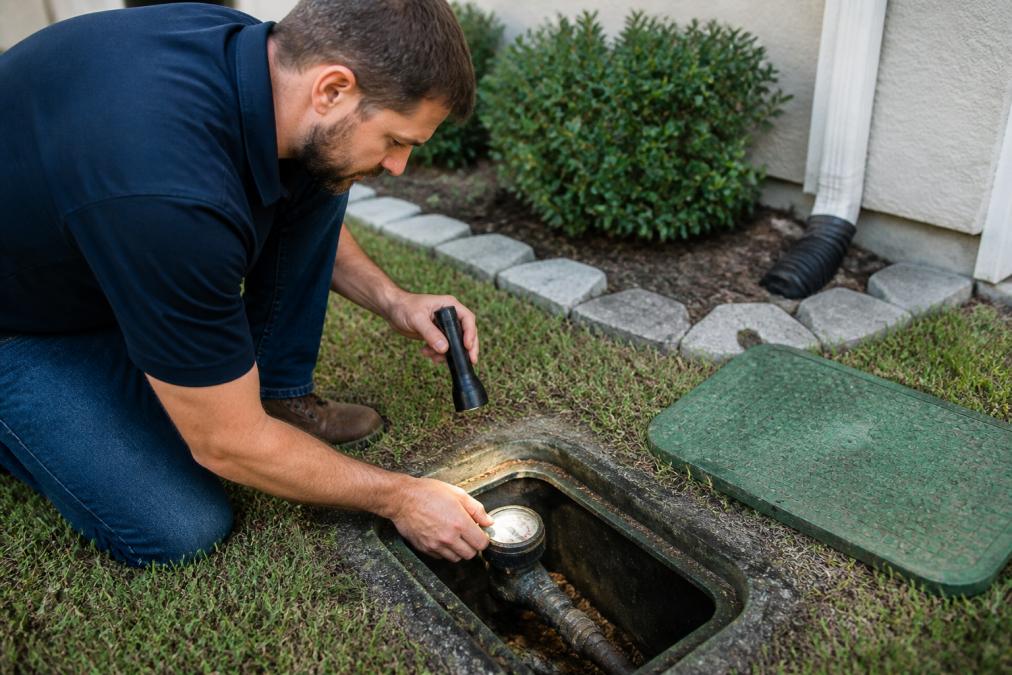 Homeowner kneeling in a yard using a flashlight to check a water meter for signs of pipe leaks