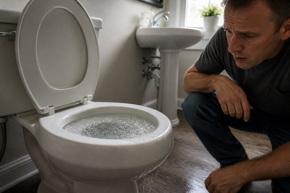 Close-up of a toilet bowl with water backing up, showing a concerned homeowner leaning in to observe the gurgling water with a bathroom sink visible in soft natural light from a window