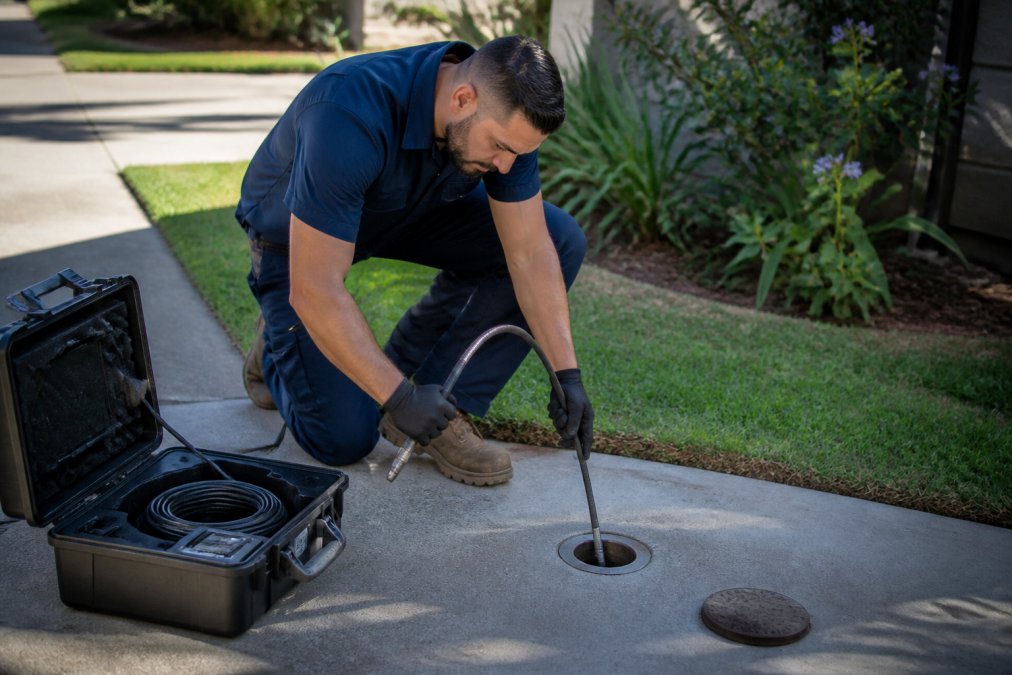 Licensed plumber in work uniform holding a fiber optic camera probe, preparing to insert it into a sewer cleanout access point visible in the ground, with diagnostic equipment case open nearby in clear daylight