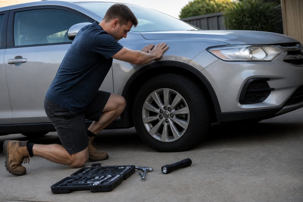 A person in casual clothes kneeling beside a car in a driveway, pushing down on the front fender to test the suspension bounce, with tools and a torch on the ground nearby