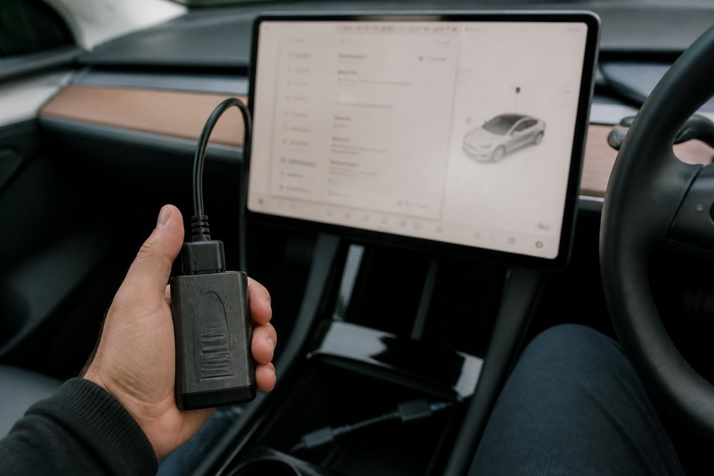 Smartphone connected to an OBD-II adapter in a Tesla to read tesla fault codes via the service mode menu