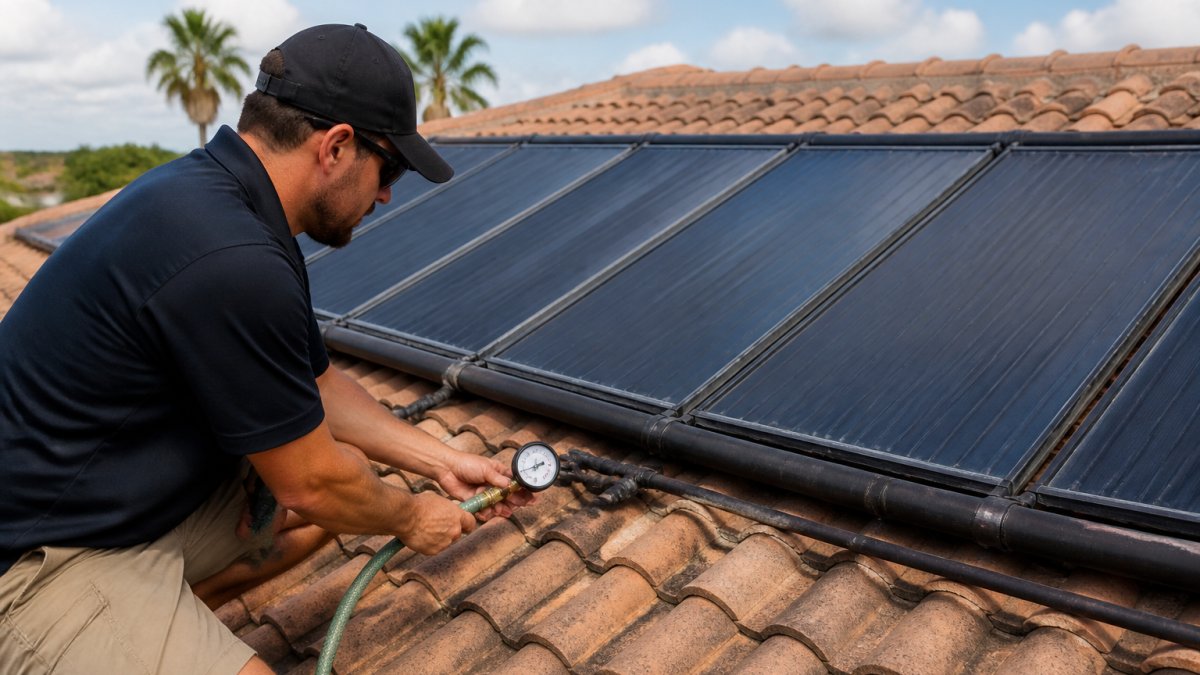 Contractor inspecting solar pool panels on a tile roof using a pressure gauge and hose