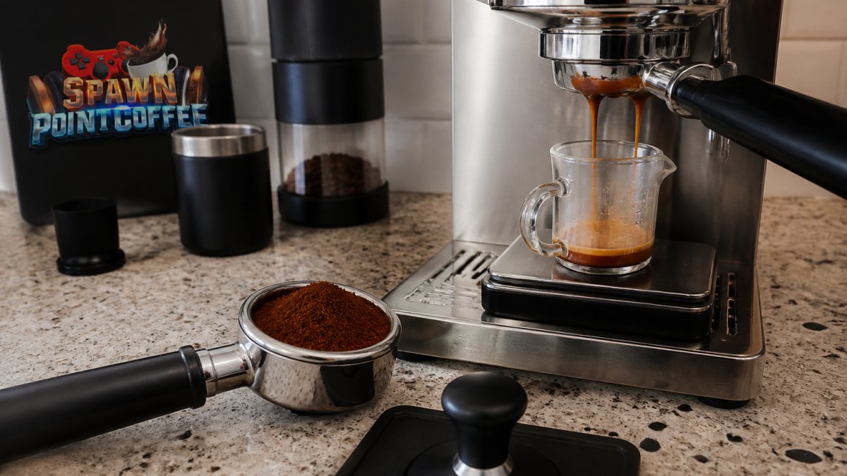 Close-up of a home espresso setup on a kitchen counter: a portafilter filled with freshly ground coffee, a digital scale underneath a shot glass, and a small espresso machine with a bottomless portafilter mid-pull