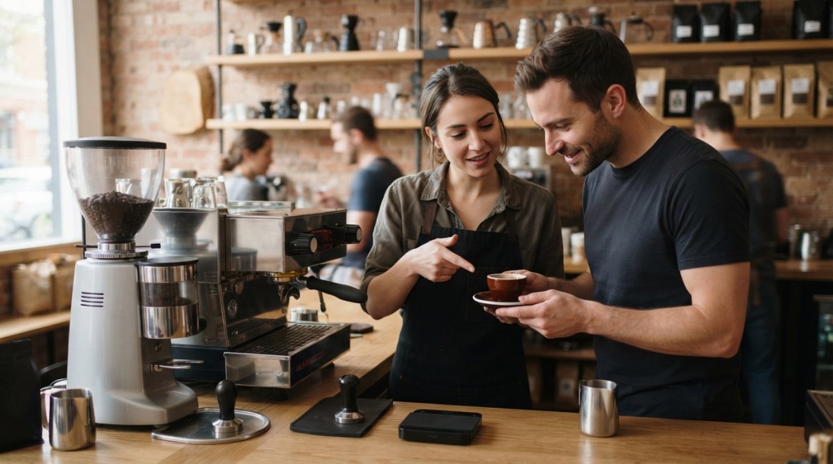 Close-up of a barista's hands tamping espresso grounds into a portafilter above a digital scale, with an espresso machine grouphead visible in the background