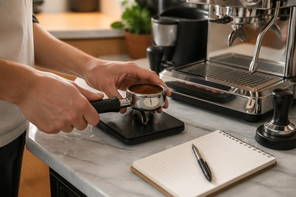 Barista weighing a portafilter on a digital scale to track espresso shot metrics in a home kitchen.