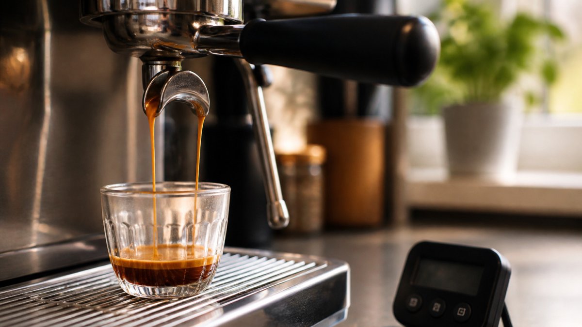 Golden espresso flowing from a portafilter into a glass cup with a timer nearby on a clean worktop