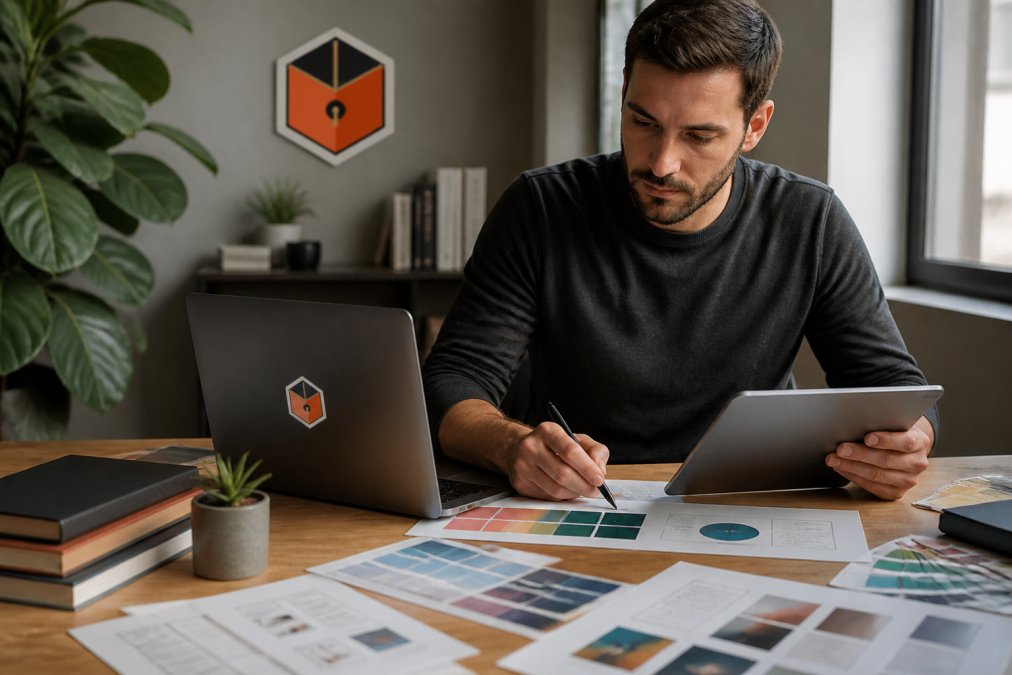 Freelancer at desk with laptop and tablet, studying brand guidelines and design mockups while working on rebranding materials, natural office lighting