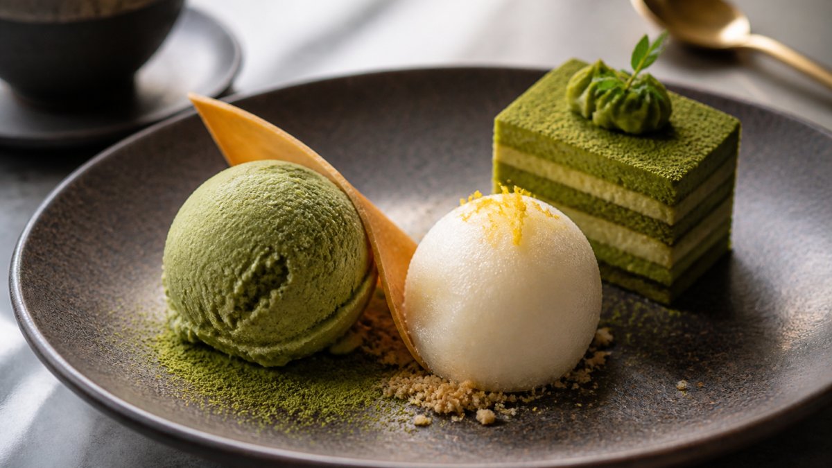 Close-up of a beautifully plated dessert trio on a restaurant table, featuring a scoop of matcha green tea ice cream, a yuzu sorbet and a layered matcha dessert, with soft natural light and shallow depth of field