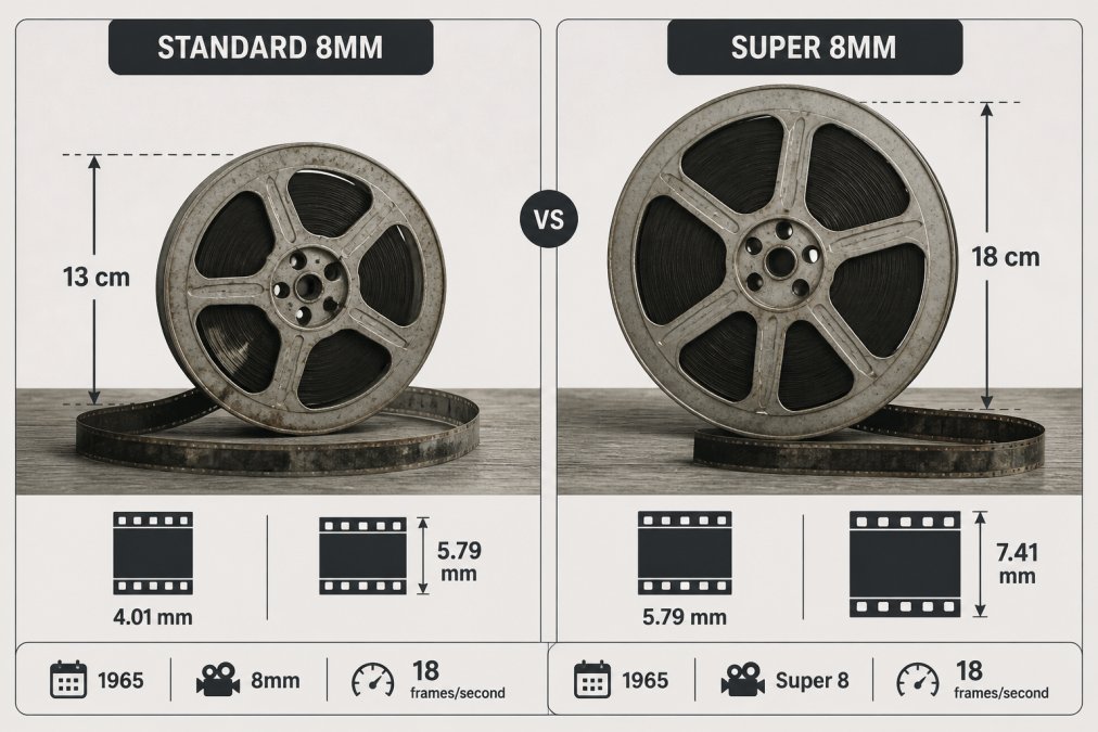 Close-up of aged Standard 8mm and Super 8mm film reels positioned side by side on a wooden surface, showing visible size difference and film condition deterioration under natural light