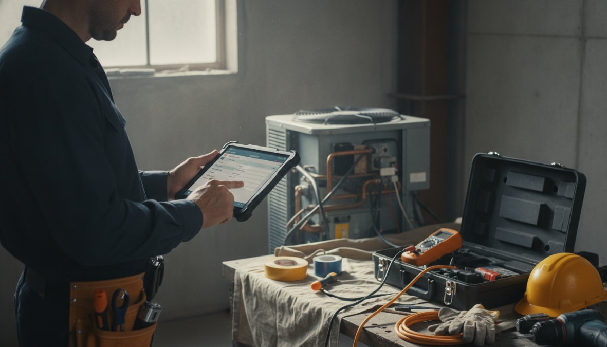 Field technician in work uniform using a tablet to complete a digital work order on a job site, with tools and equipment visible in the background, natural daylight