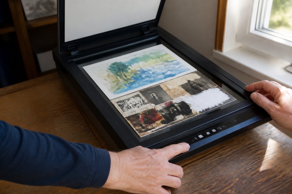 Close-up of hands adjusting settings on a flatbed scanner with a mixed media collage and watercolour painting placed on the glass, soft daylight from a nearby window