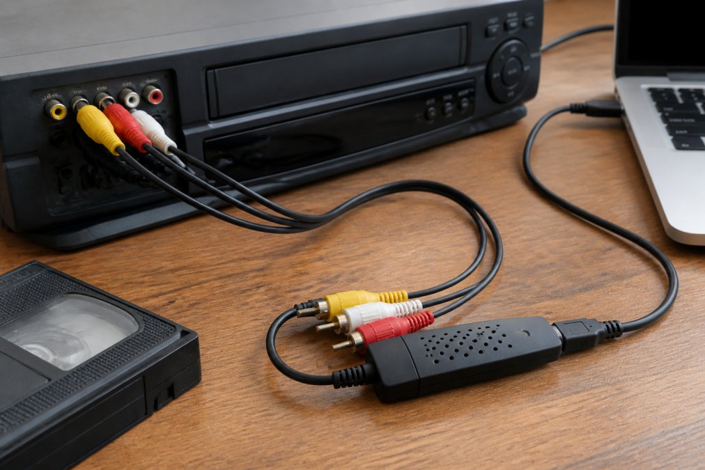 Close-up of VCR connected to USB capture card with RCA cables and composite video connections clearly visible on a wooden desk surface, afternoon natural light