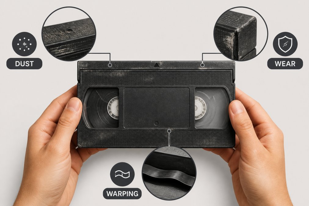 Hands holding an old VHS tape showing visible wear, dust accumulation, and tape warping against a neutral background with natural light