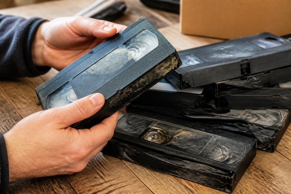 Close-up of hands carefully examining a collection of old VHS tapes showing visible dust, warping, and tape degradation in natural light