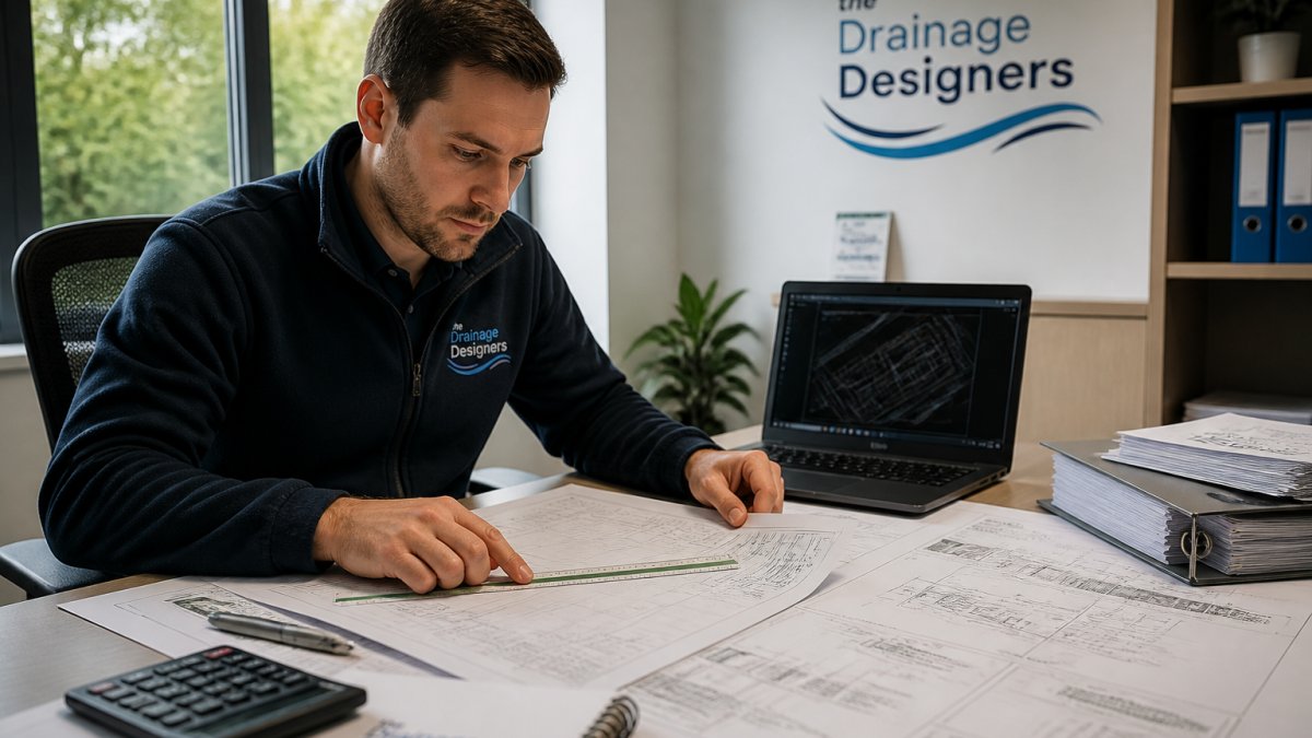 Professional surveyor reviewing detailed drainage plans and site documentation at desk with technical drawings, calculations, and laptop showing CAD software in modern office setting with natural light
