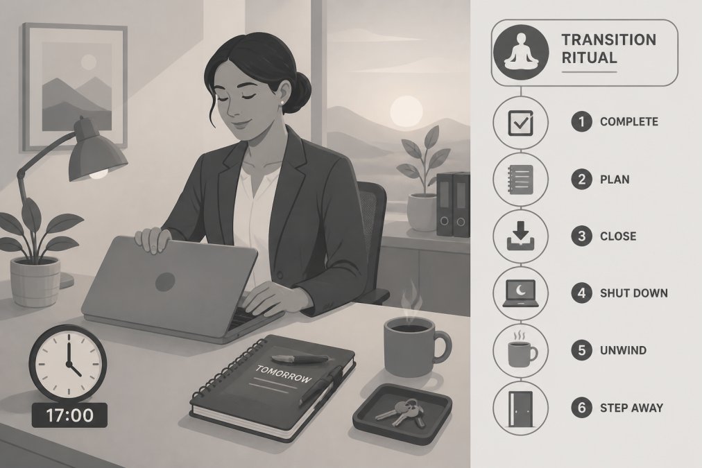 Professional sitting at desk closing laptop at end of day, with warm amber lighting and calm office environment, showing intentional disconnection from work