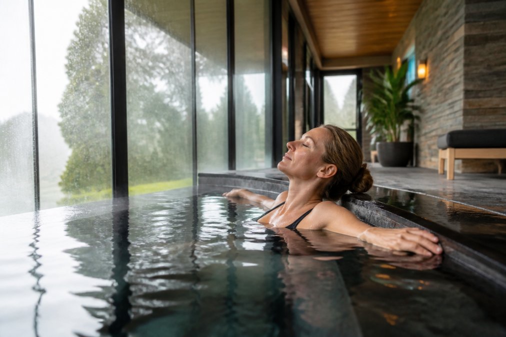 Person relaxing in thermal water or spa setting with peaceful expression, natural soft light filtering through windows, embodying stress relief and mental recovery