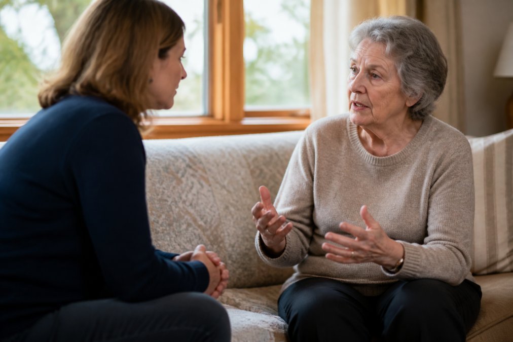 Two people sitting across from each other in a calm living room with natural window lighting, one leaning forward with attentive body language while the other speaks, warm and intimate atmosphere