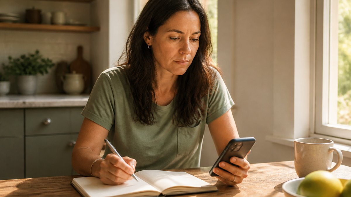 A woman in her 40s sitting at a kitchen table with a notebook and pen, writing down symptoms and looking thoughtfully at a symptom tracking app on her phone, soft morning light through the window