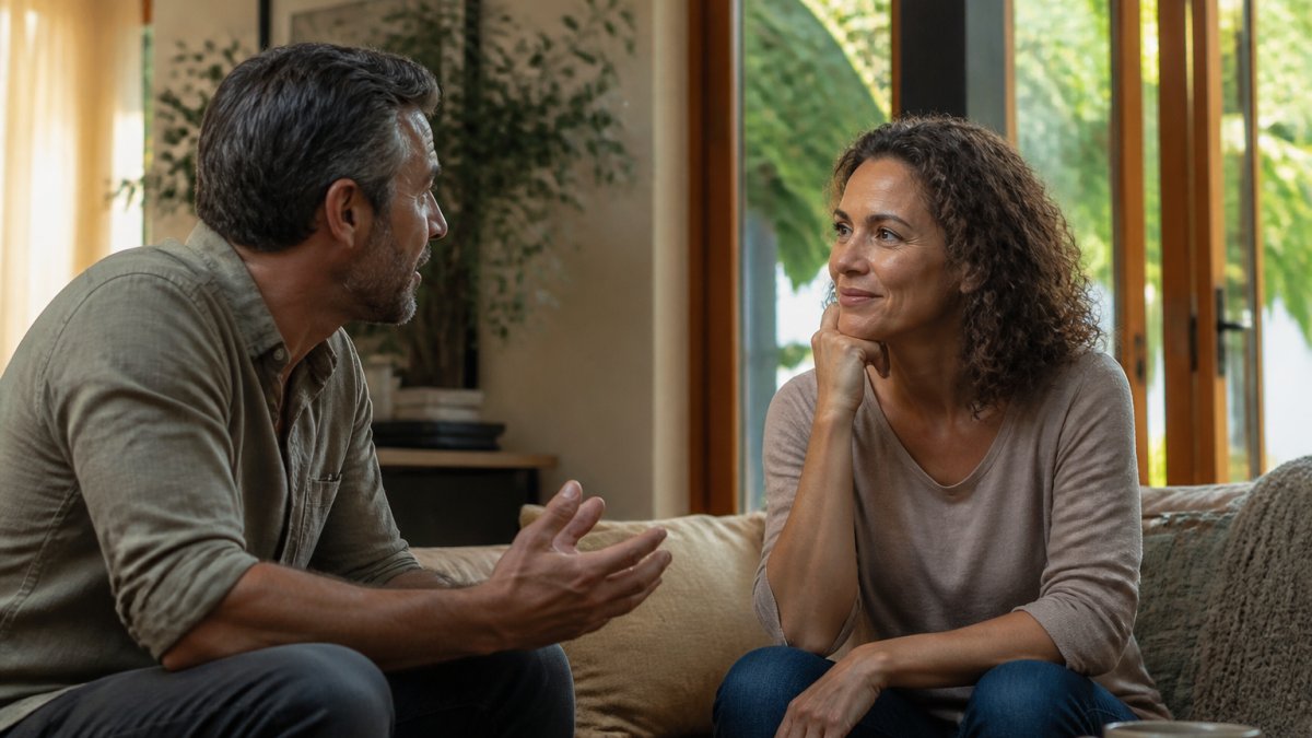 A couple sitting in a quiet living room to discuss intimacy retreats with open and attentive body language.
