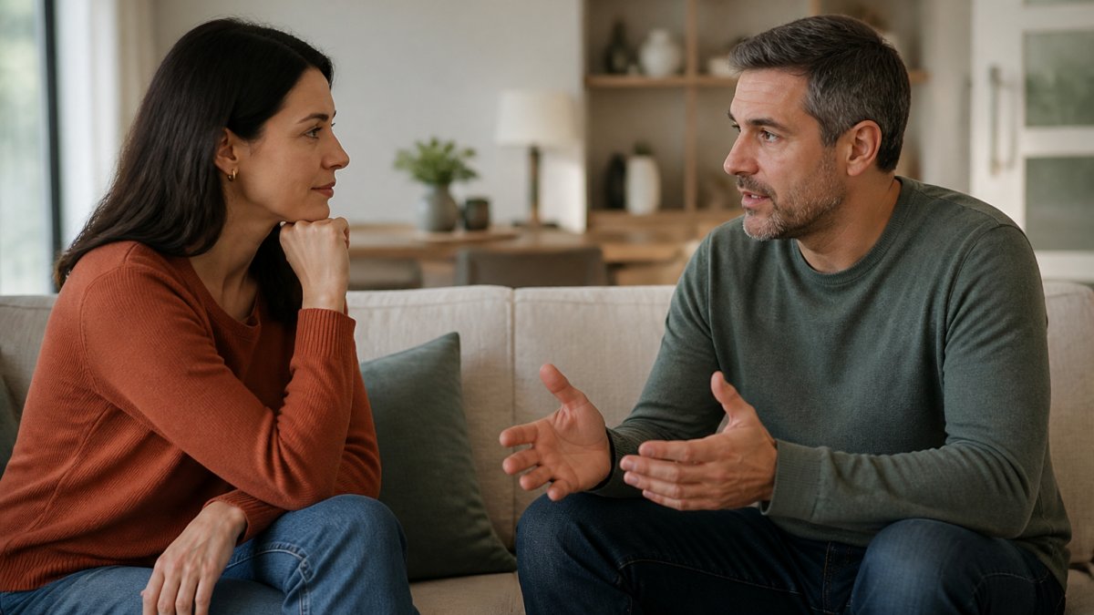 Two adults having a calm, face-to-face conversation in a living room, sitting on a couch with open body language, attentive listening, natural afternoon lighting