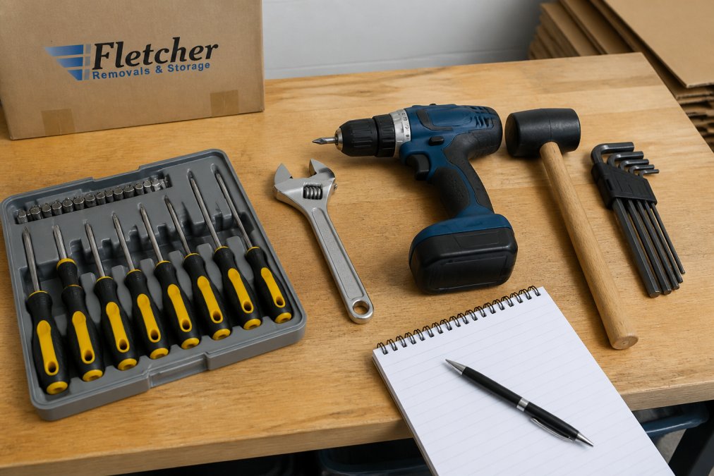 Close-up of a workbench with essential furniture disassembly tools laid out: screwdriver set, adjustable spanner, cordless drill, rubber mallet, and hex key set, with a notepad and pen nearby