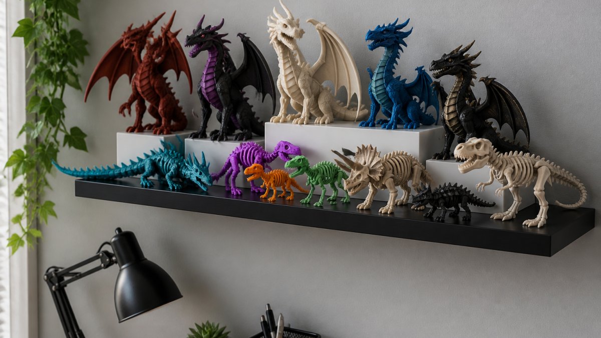 A tidy wall-mounted shelf in a home office displaying several colorful articulated 3D printed dragons and dinosaur skeletons, with a tiered riser showing smaller figures in front and taller pieces behind