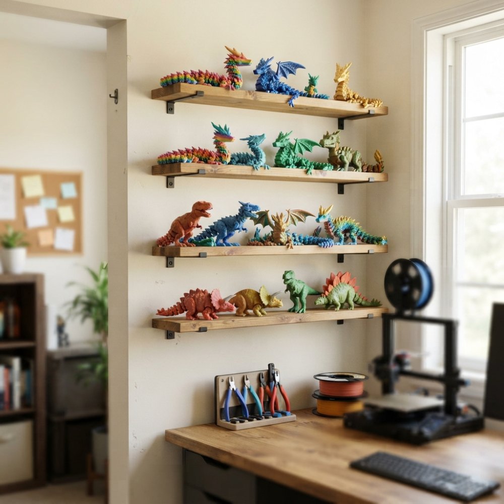 A neatly organized wall-mounted shelf displaying several colorful articulated 3D printed dragon and dinosaur figures in a bright home office, natural window light casting soft shadows
