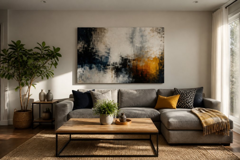 Diagram showing eye-level placement to display abstract canvas art above a living room sofa