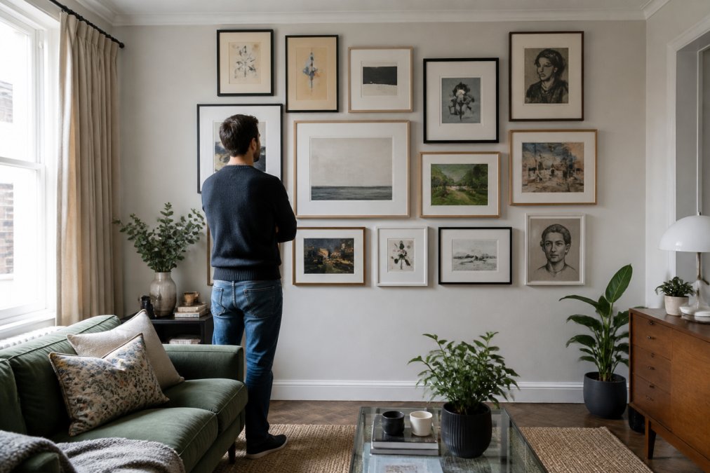 A well-lit living room wall in a London home showing a curated gallery wall of mixed-size framed prints and paintings arranged in a balanced grid, with a person standing back to check the alignment