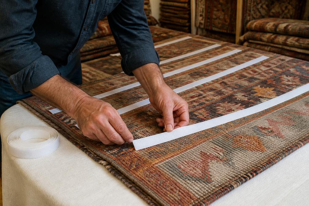 Professional demonstrating velcro mounting system installation on antique kilim, showing proper placement of adhesive strips and careful handling of textile fibers with close attention to preservation