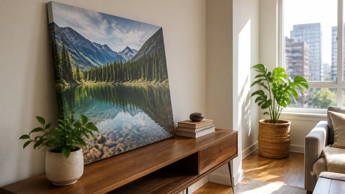 A bright apartment living room with a large nature canvas art piece leaning against a white wall on a wooden console table, next to a small potted plant and stacked books, soft afternoon light through a window