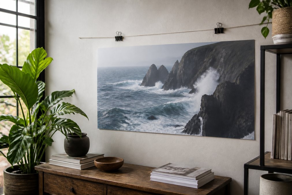 Unframed art print hanging from a taut string with black binder clips to display art prints in a sunny room.